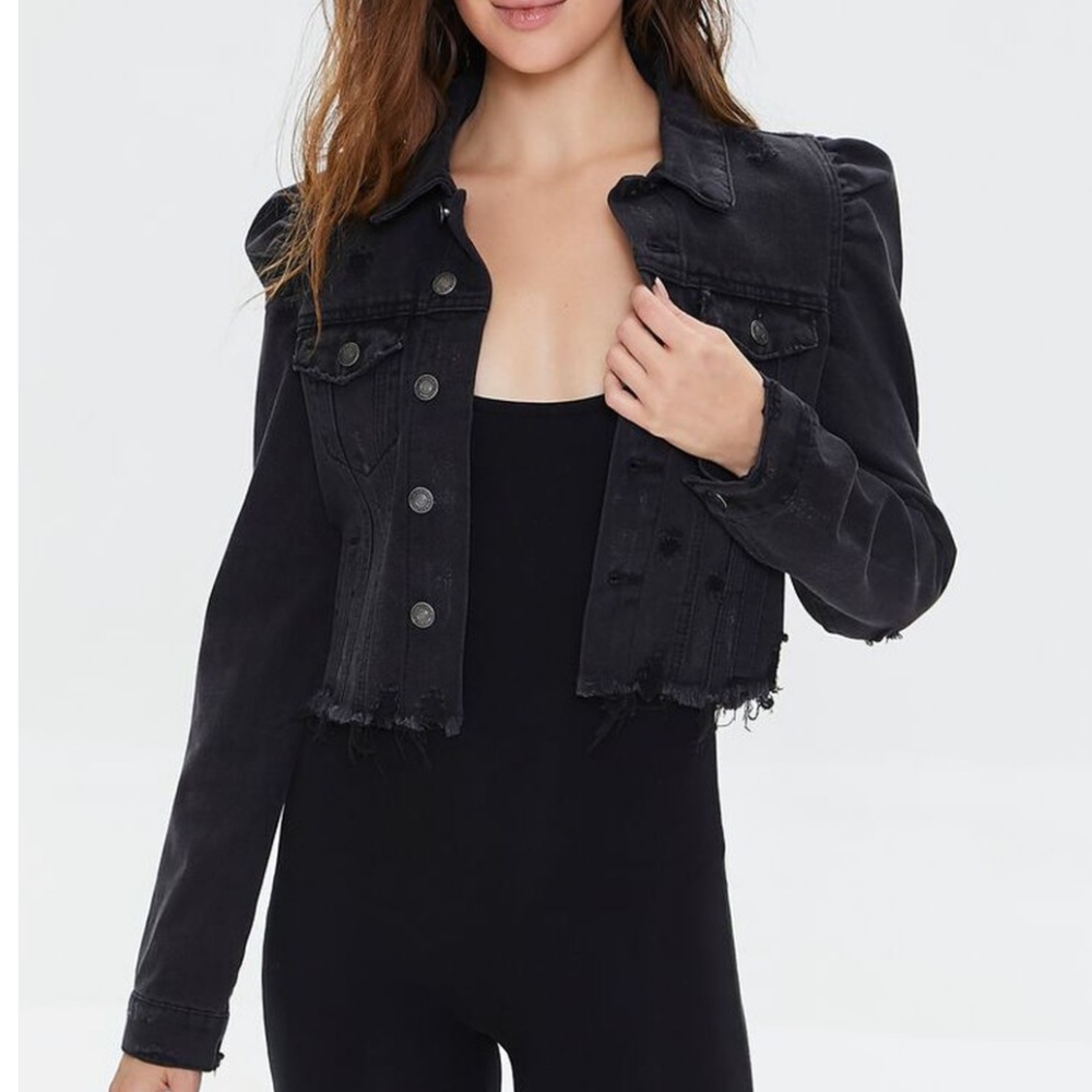 Black Puff Sleeve Denim Jacket
